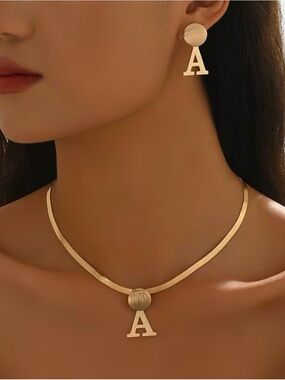 2pcs Set Gold-Tone Snakeskin Necklace w/Letter "A" Pendant &Earrings. Free Ship.